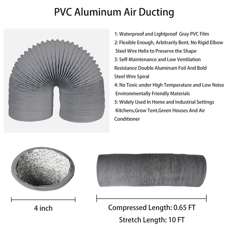 YIJUHOU 4Inch 10FT Long Flexible Aluminum Air Ducting, Heavy-Duty Grey 4 Layer Dryer Vent Hose, Dryer Duct for HVAC Ventilation,Duct Fan Systems, 2 Stainless Steel Clamps - Image 2